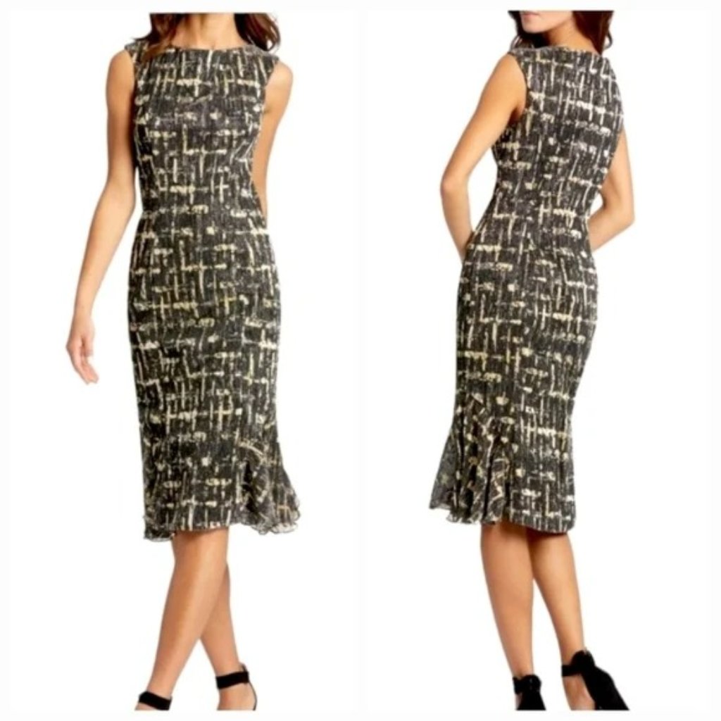 Mac Duggal Black & Gold Metallic Ruffle Hem Midi Cocktail Dress Size 2